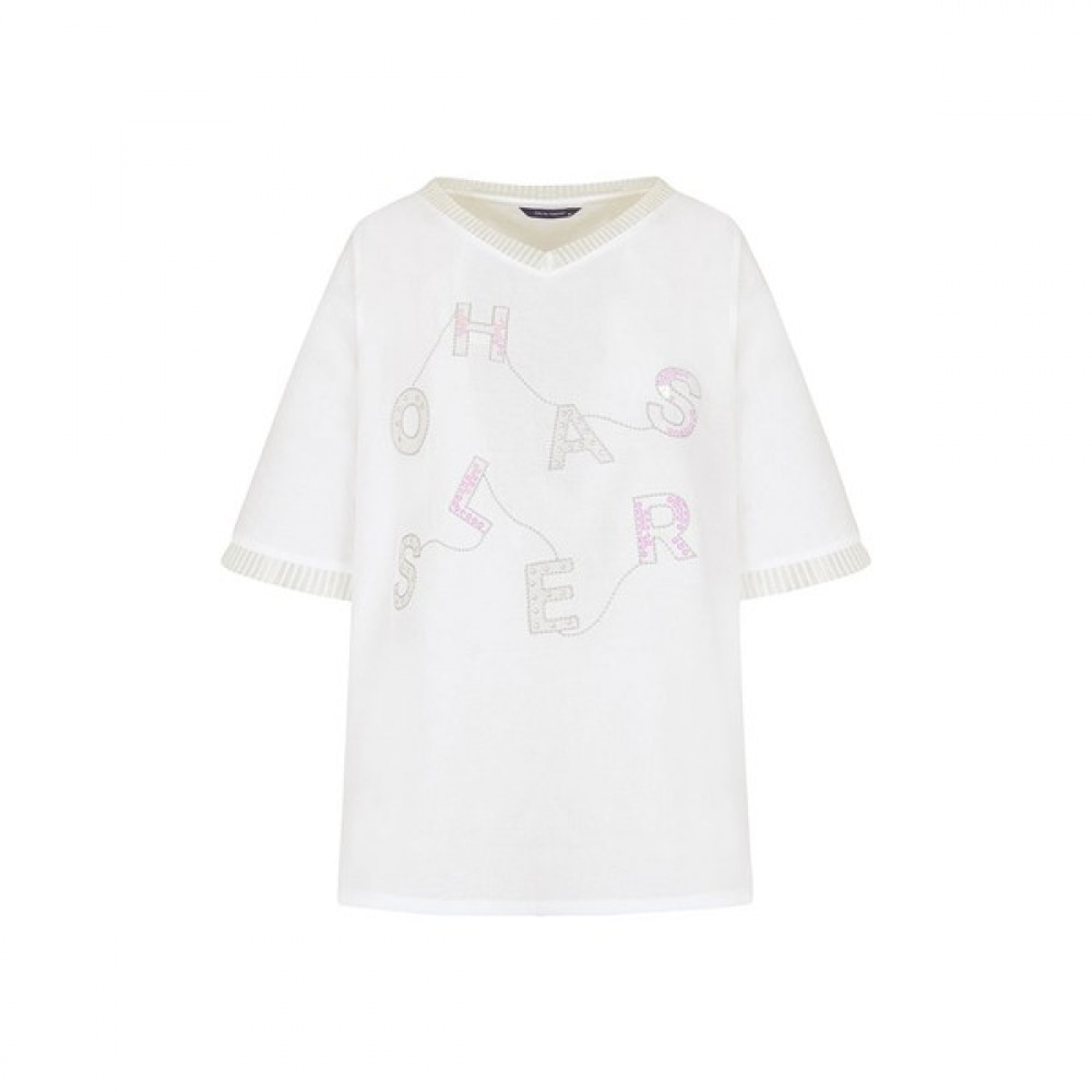 [オリビアハスラー] ホワイトハスラースパンコールエンブロイダリーラウンドTシャツOHCMTS202