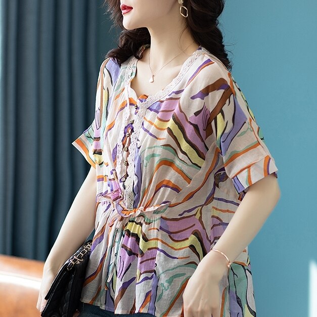 トップス レディース 送料無料 シャツ ブラウス 半袖 五分袖 襟付き カラフル マルチカラ― チュニック ゆったり オーバーサイズ マニッシュ レーストリム 抜け感 こなれ感 シック クール かっこ