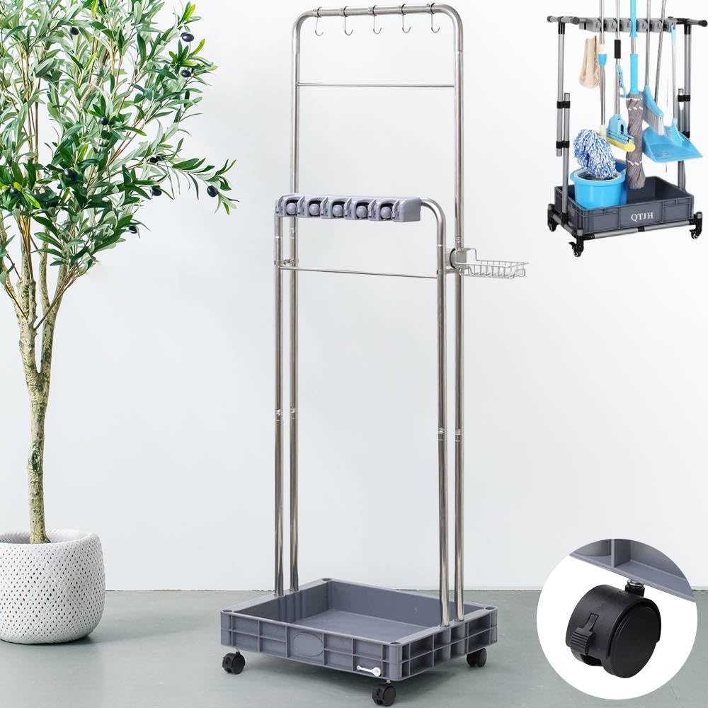 Bonarca モップホルダー キャスター 屋外 掃除用具 収納 【最大16本】 モップ立て 清掃用品 清掃用具 モップ掛け 清掃カート 業務用 清掃ワゴン キャスター付き 2段 清掃 掃除 ツールカ