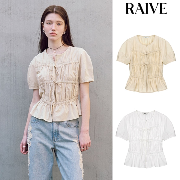 リボン シャーリング ブラウス