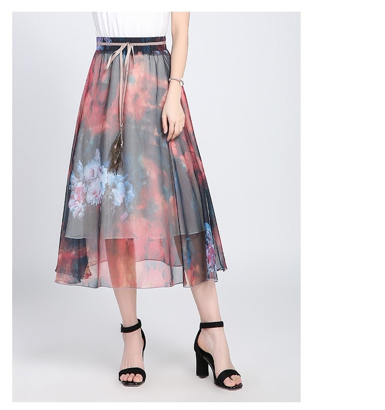 3063.ハイウエストシフォンプリーツ膝丈スカート（レッド）