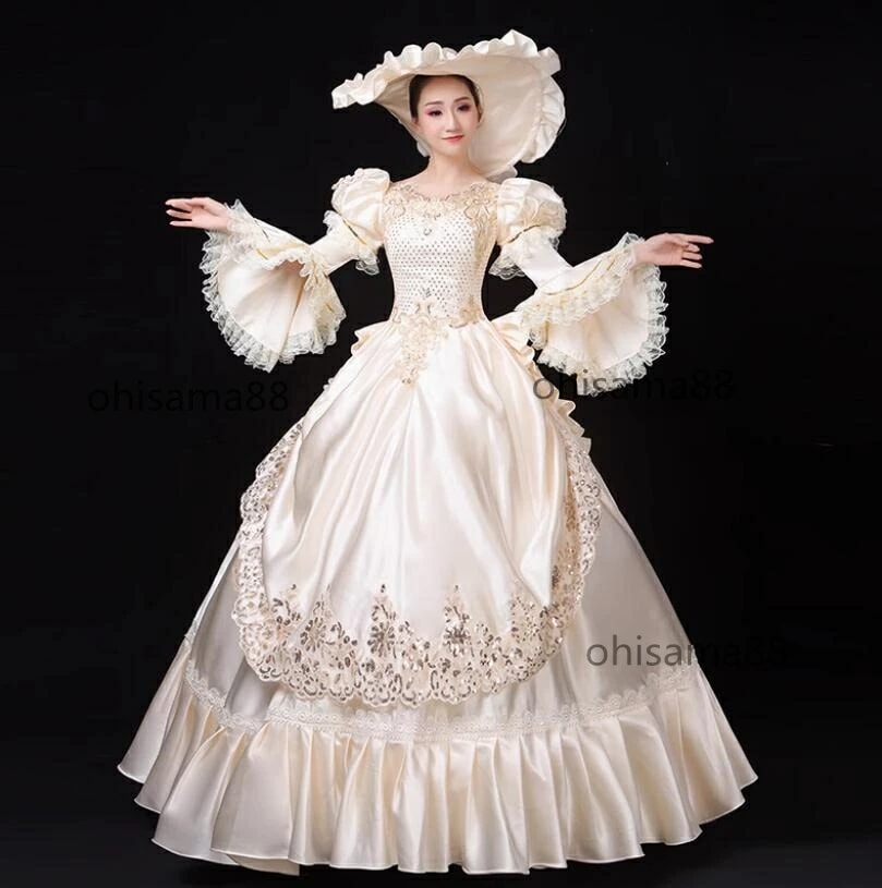 貴婦人ドレス 宮廷ドレス 華やか お姫様ワンピース 可愛い 高級感 ヨーロッパ風ドレス 貴族ドレス オペラ声楽 舞踏会 演劇 撮影 ロングドレス 中世貴族風 フレア袖 ステージ衣装 演奏会 文化祭 学