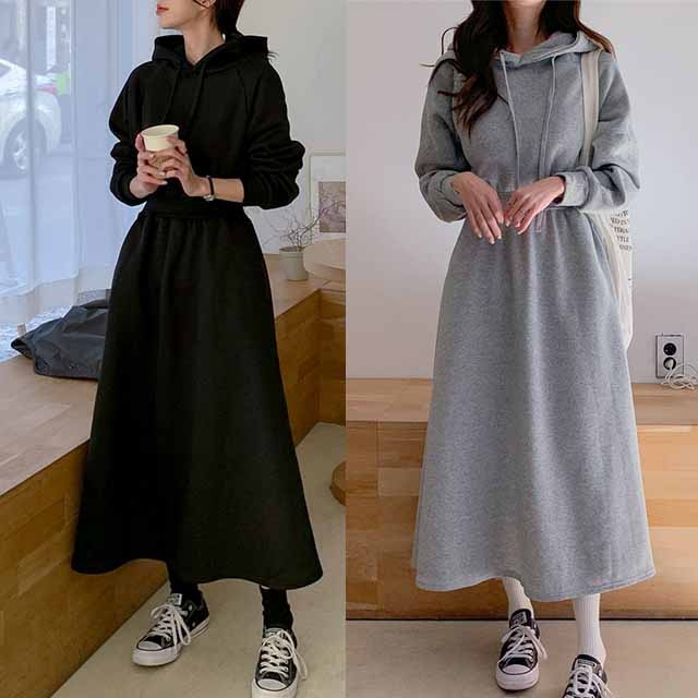 ロング丈ハイウエストパーカーワンピースフード付きスウェットワンピースAラインフレアスカートマキシ丈