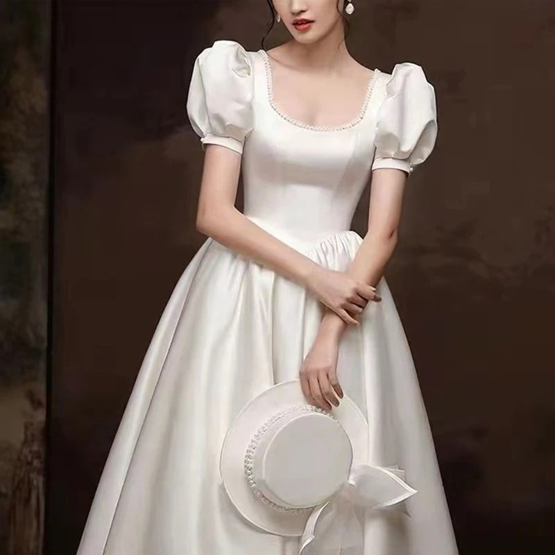 サテンライトウェディングドレス2025 花嫁証明書登録スモールホワイトスカートシンフォレストスタイル旅行写真撮影婚約ドレス