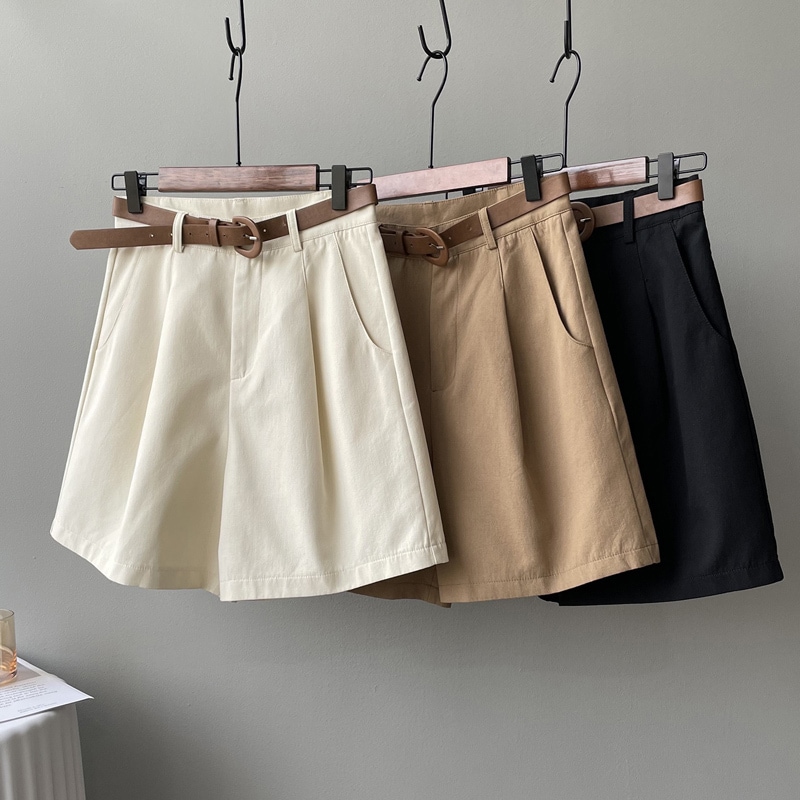 【送料無料】レディース 3色 ハイウエスト ショート パンツ ベルト付 パンツ 大人可愛い