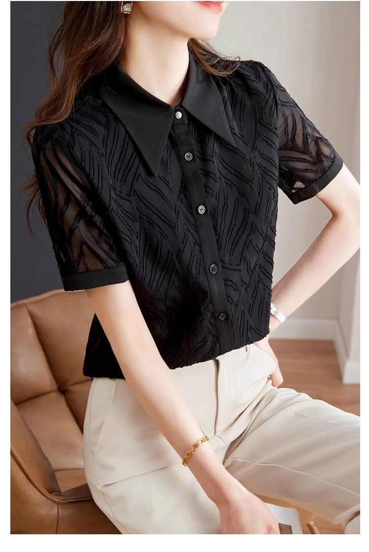 黒 シャツ 女性 半袖 ルーズ スリム シフォン トップ デザインセンス ニッチ オールマッチ シャツ 個性的 トップス Tシャツ シャツ 袖あり 半袖 襟付き きれいめ シンプル カジュアル 大人Tシャツ・カットソー