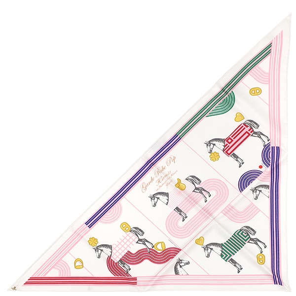 エルメス HERMES ストール カレ70 トライアングル ジェアン シルク ホワイト×マルチカラー ゴールド金具 新品 未使用【GARDE ROBE POP/ガルドローブポップ】 【箱】【中古】