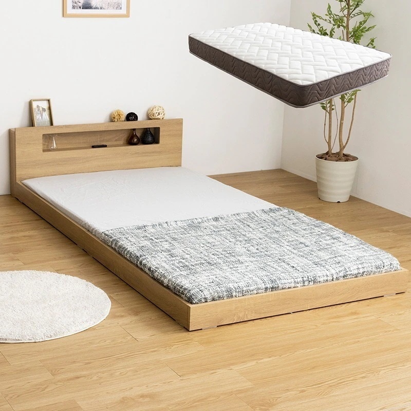 棚コンセント付き フロアベッド ベッド LED照明付き ダブル+ポケットコイルマットレス付き ロータイプ ローベッド ベット