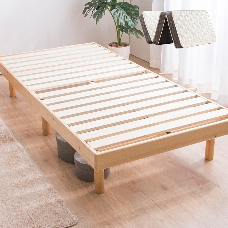 すのこベッド + 高反発ボンネルコイルマットレスセット 三つ折り シングルベッド 天然木フレーム 高さ3段階すのこベッド