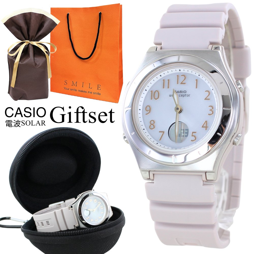ラッピング済 ギフトセット カシオ 電波ソーラー 腕時計 手表 レディース 腕時計ケース付き ウェーブセプター 軽量 ピンクベージュ ラバーバンド ソーラー 電波 ソーラー電波時計 女性用腕時計 プレ