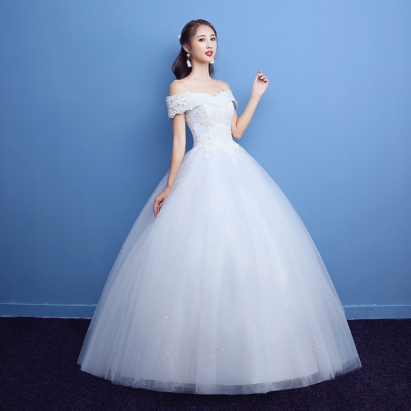 白 ホワイト ウエディングドレス オフショルダー フィット 大きいサイズ 花嫁 レース 結婚式 ロング ドレス エンパイアライン 司会者 披露宴 発表会 祝宴 エレガント 気質