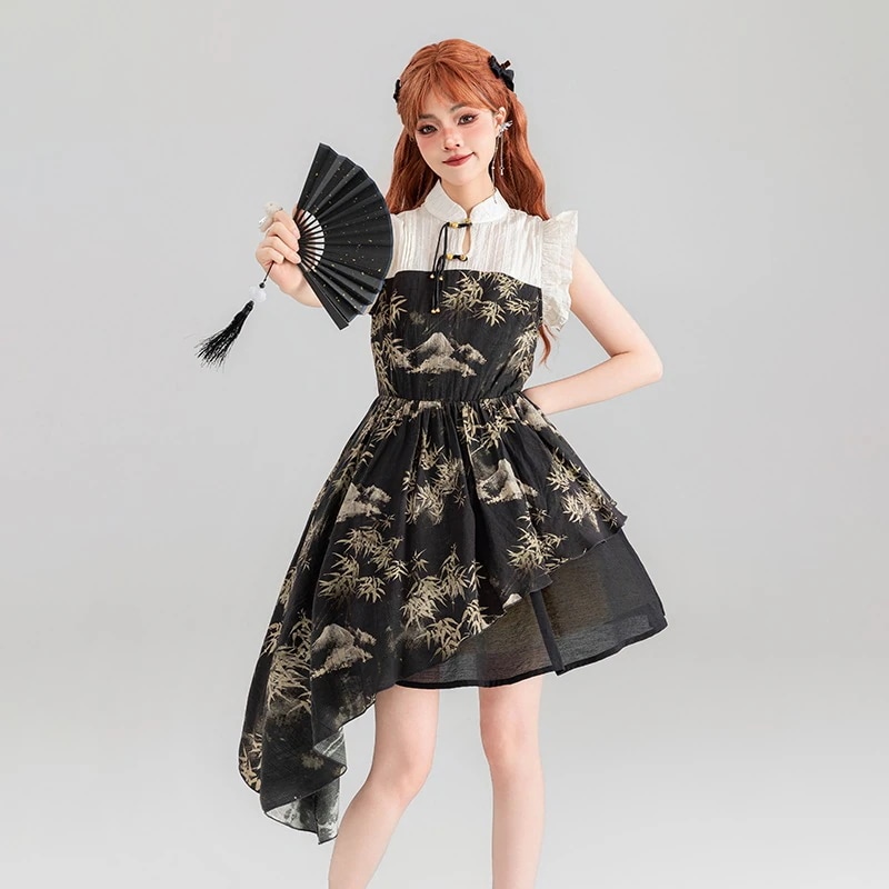 【高品質です】新中国風花柄シフォンドレス2024夏変則デザイン小飛袖チャイナスカート