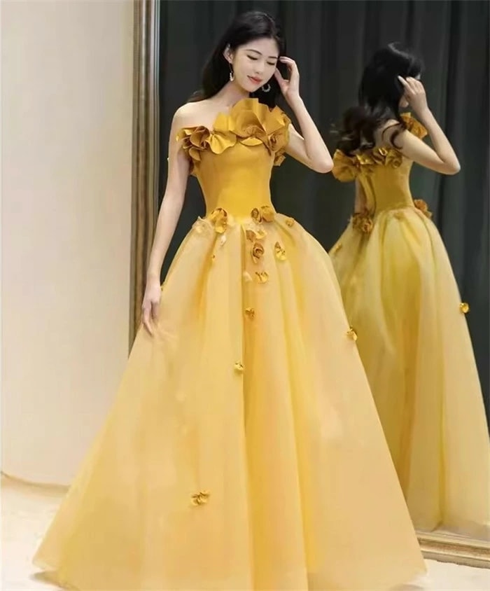 パーティードレス　レディース　Aライン　ビスチェ　イエロードレス　 マキシ丈ロング丈　ロングドレス　 二次会ドレス フォーマルドレス　春 夏 秋 冬 二次会 レース 成人式 同窓会 謝恩会
