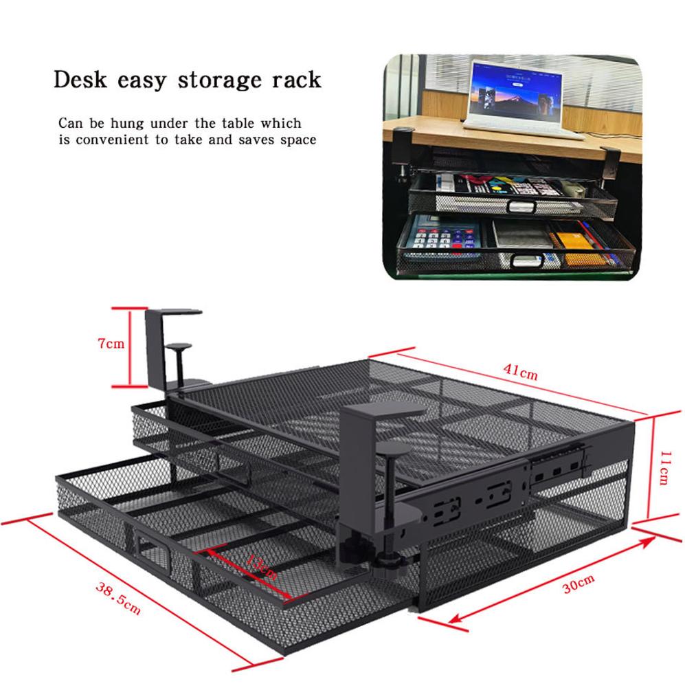 デスク下 収納 ラック スチール製 収納整理仕切り付き 引き出し 後付け テーブル下収納 文房具 卓上 収納 小物ボックス 事務用品 小物整理 スマホ リモコン カトラリー 大容量 簡単取り付け 天板