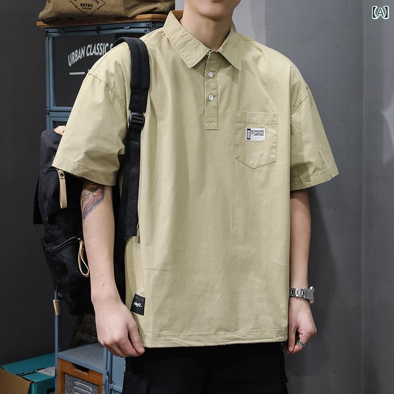 ポロシャツ 英国 ワークシャツ メンズ 大きいサイズ 綿 シャツ Tシャツ 夏 薄手 半袖 無地 韓国 都会的 レジャー ロゴ刺繍 ボタン 冷感