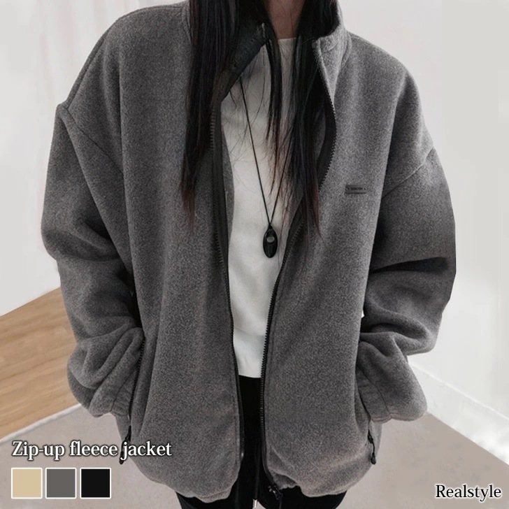 ビッグシルエット裾コードタグ付きジップアップフリースジャケット レディース メンズ 秋冬 暖かい アウター ブルゾン 羽織り 大きいサイズ 上着 防寒 寒さ対策 通勤 通学 無地 スタンドカラー ポケ