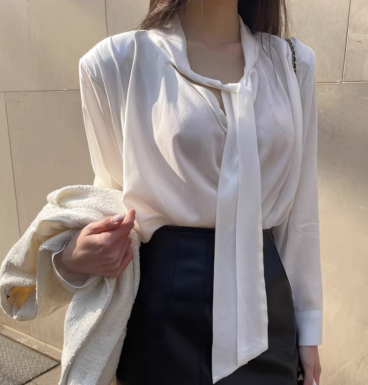 トップス シャツ ブラウス レギュラー丈 袖あり 長袖 襟なし りぼんタイ ワイド 2way 透け感 コンサバ 薄手 きれいめ シンプル カジュアル 上品 おしゃれ かっこいい レトロ こなれ感 ラフ