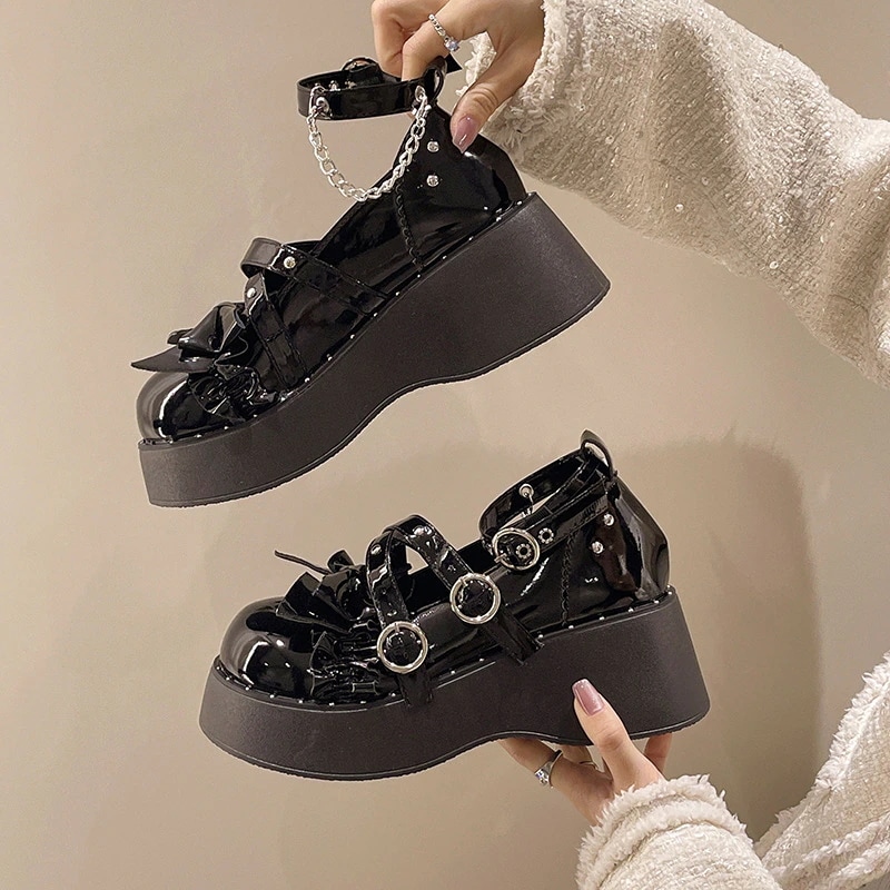 英国調メアリージェーンローファー レトロ厚底 リボン付き 3cm台 ブラック/ブラウン