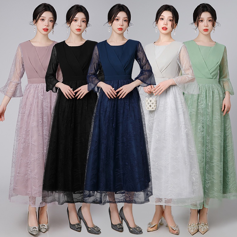 パーティー ドレス レディース服 結婚式 ワンピース 二次会 発表会 20代 30代 40代 50代女性用イブニングドレス2024新作モデル女性用シンプルでエレガントなレース長袖メッシュドレススカー