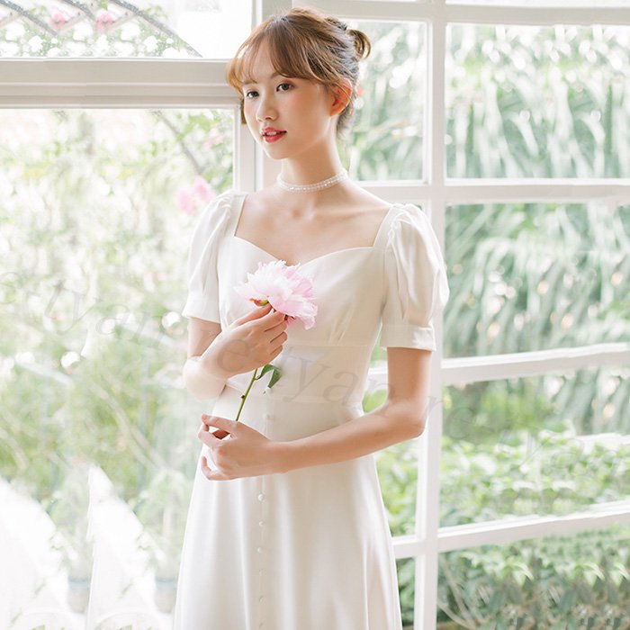 ウエディングドレス 白ワンピース 二次会結婚式ドレス 花嫁 フォトウエディング ビーチ 披露宴 前撮り ブライダル袖あり ミモレ 春の新作シューズ満載 フォーマル パーティードレス