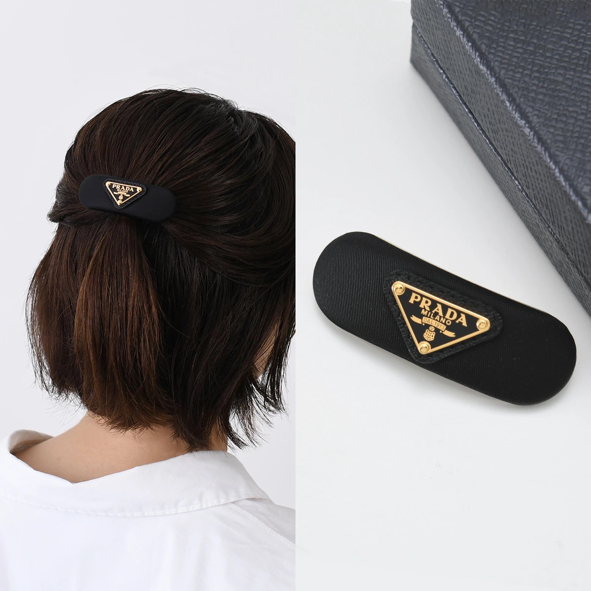 ヘアクリップ バレッタ ヘアアクセサリー Re-Nylon リナイロン 1IF129 2DMI レディース ブラック ゴールド クリップ トライアングルロゴ シンプル