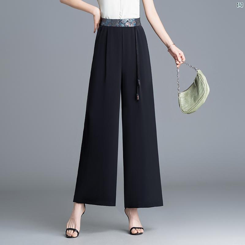 中華風 レトロ ワイド レッグ パンツ レディースパンツ 夏 ジャカード ハイウエスト ドレープ カジュアル 九分丈