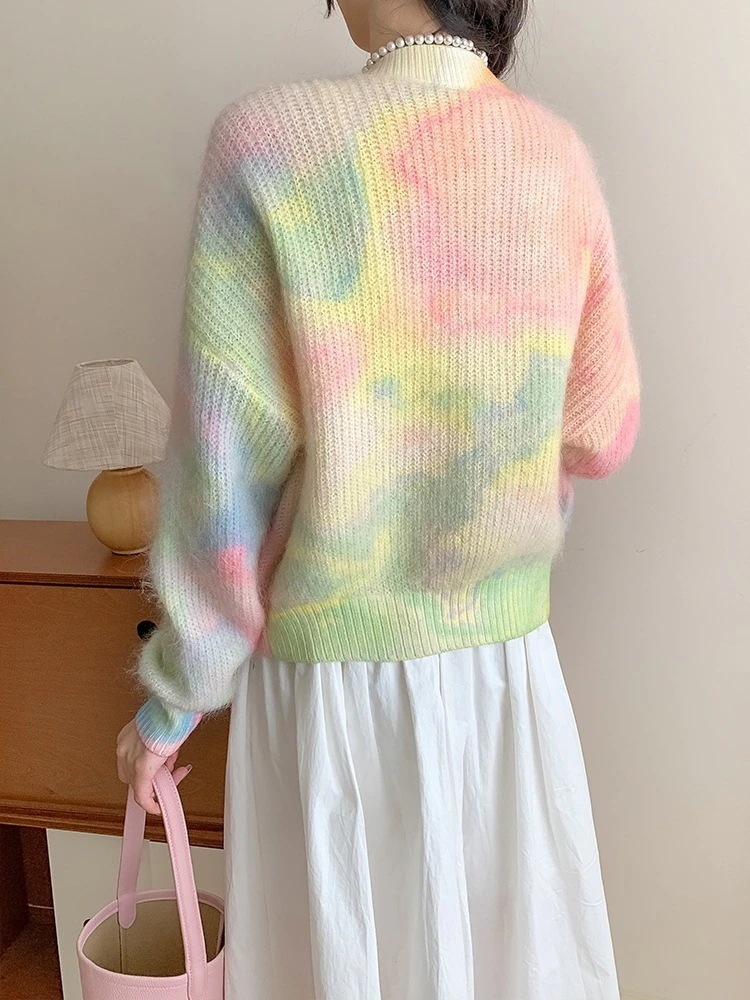 秋ウールモヘア襟ニットカーディガン2024秋冬開花カラフルセータージャケット女性用