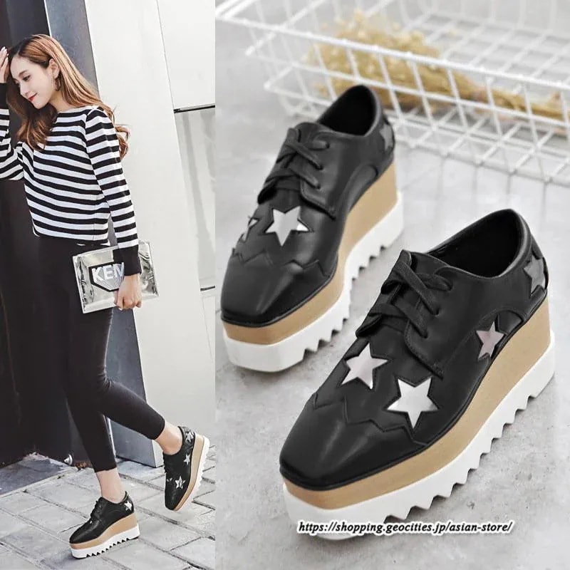 厚底スカー レディース シューズ 靴 ウェッジソール スクエアトゥ ローカット レースアップ 脚長 美脚 スカー 合皮 エナメル 裏起毛あり