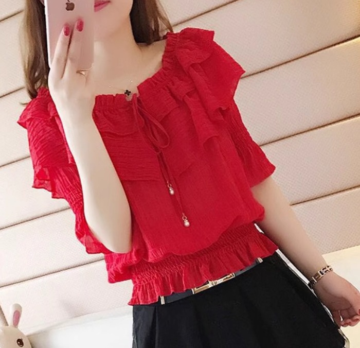 トップス レディース ブラウス 5分袖 ラウンドネック オフショルダー フリル リボン かわいい 大人可愛い きれいめ シンプル カジュアル おしゃれ ラフ ガーリー エレガント ラブリー キュート