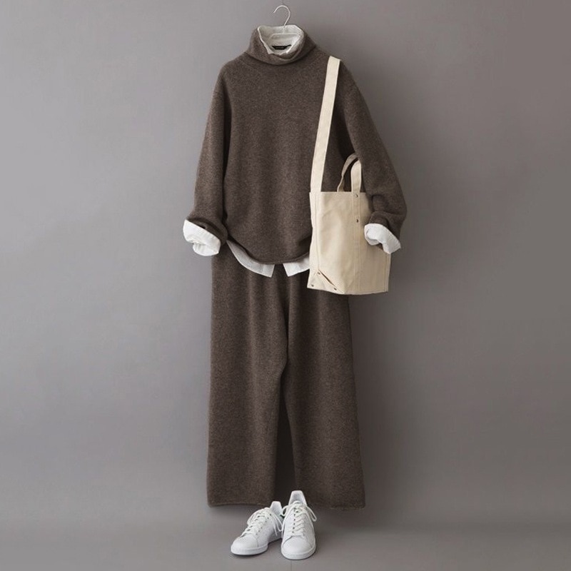 【SNS大人気アイテム登場】 気質アップ シンプル ハイネック 長袖 トップス+無地 パンツ 2点セット レディース