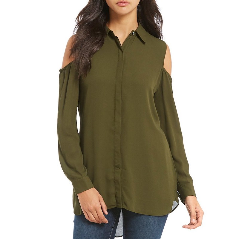 チェルシー&セオドア レディース トップス ブラウス・シャツ【Chelsea & Theodore Cold Shoulder Button Front Shirt】Olive チェルシー&セオドア レディース トップス ブラウス・シャツ【Chelsea & Theodore Cold Shoulder Button Front Shirt】Olive
