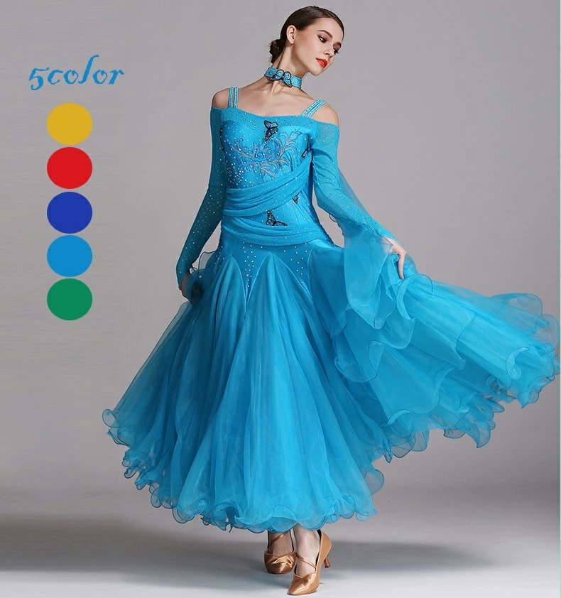 ダンス 衣装 社交ダンス ワンピース 5色選択可 おしゃれ 大きい裾 青 蝶柄 タンゴ服 モダンダンス 舞台 演出 イベント衣装 ステージ衣装 ラテンダンス ダンスウエア 競技着 練習着 ダンスワンピ