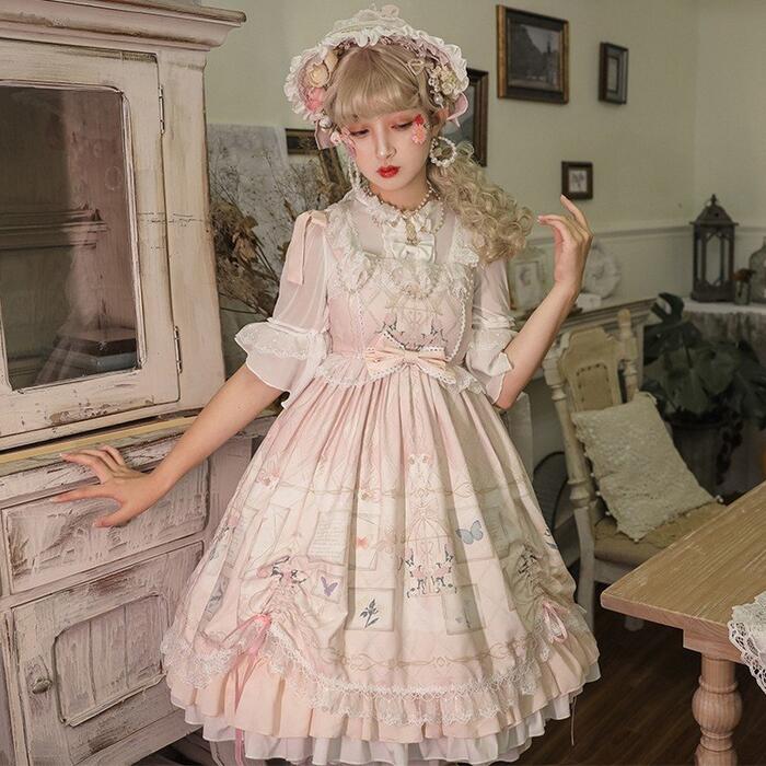 ワンピース ロリータ ジャンパースカート ドレス レディース ゆめかわいい 優雅 ロリィタ 日常 コスプレ ハロウィン プリント ラベンダー スカイブルー