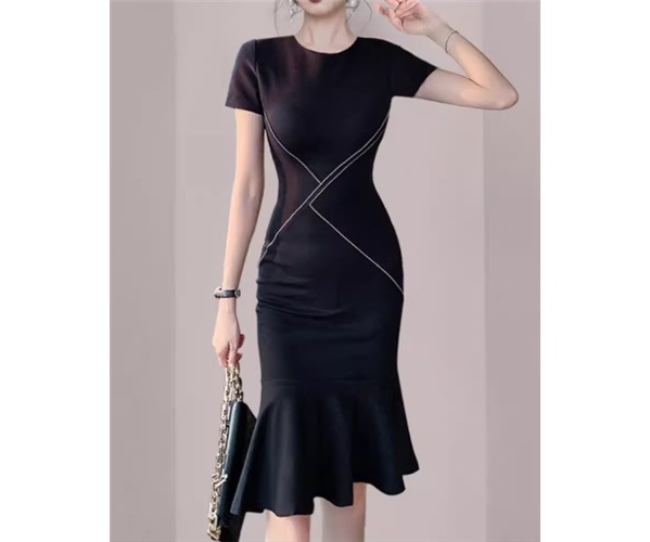 レディース ワンピース プルオーバー 膝丈 ミモレ ミドル丈 半袖 ラウンドネック タイト スリム 細身 マーメイド フィッシュテール フェミニン フリル ハイウエスト 異国風 大人可愛い きれいめ 6,052円