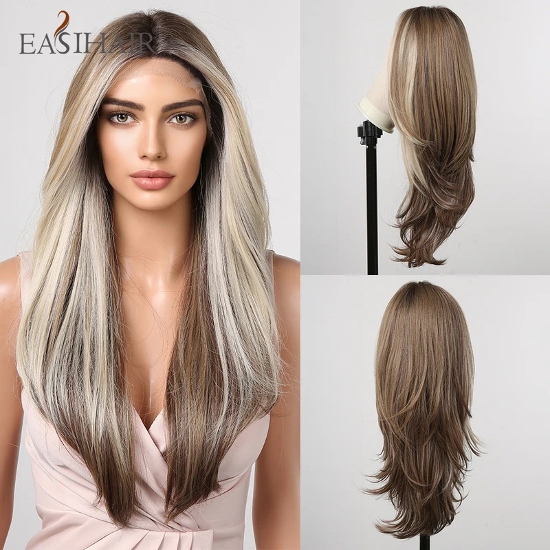 合成レースフロントウィッグ,長く滑らかで長い,事前に摘み取られた,赤ちゃんの髪,女性のための耐熱性