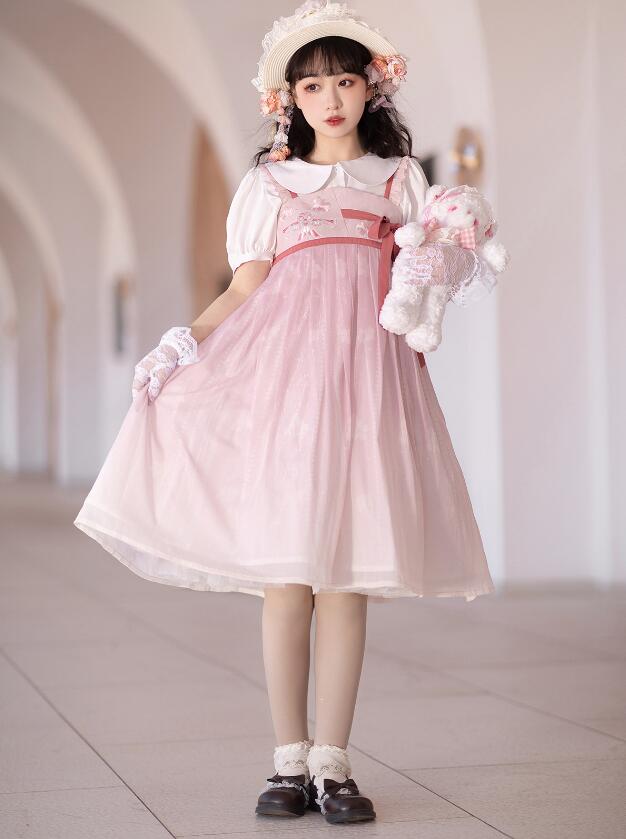 漢風 ロリータ服 中華風ドレス ロリータブラウス 半袖シャツ 古風 キャミソール たこの刺繍柄 可愛い ロリータドレス 個性 撮影衣装 コスプレ 改良版漢服 単品セット選択可