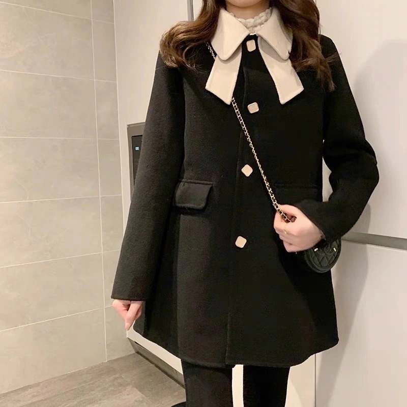 チェスターコートレディース秋冬チェスターコートリボンネック黒ミディアム丈ラシャコート厚手オーバーアウター着痩せオシャレ大人