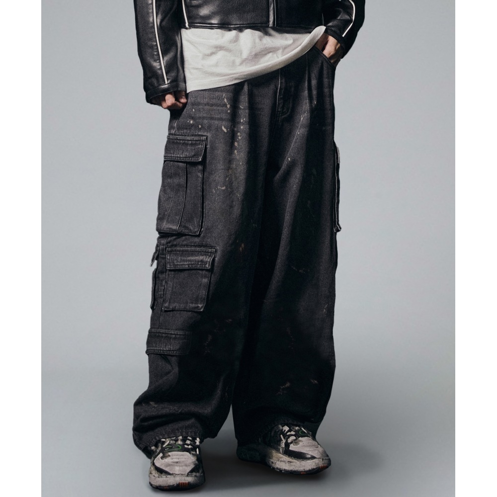 NOT4NERD ダーティーウォッシュマルチカーゴデニムパンツ-ブラック