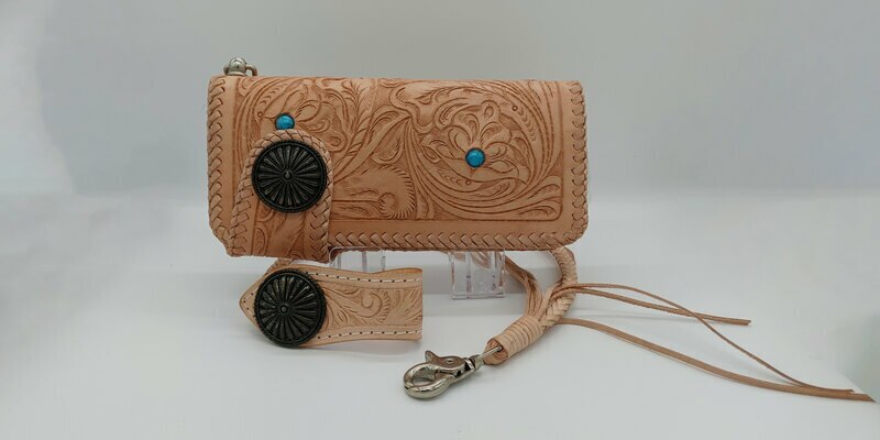 カービング財布　カービングウォレット　ターコイズ　ウォレットチェーン　セット　バイカーズ　長財布　レザー　牛革　手作り　手彫り 10000006