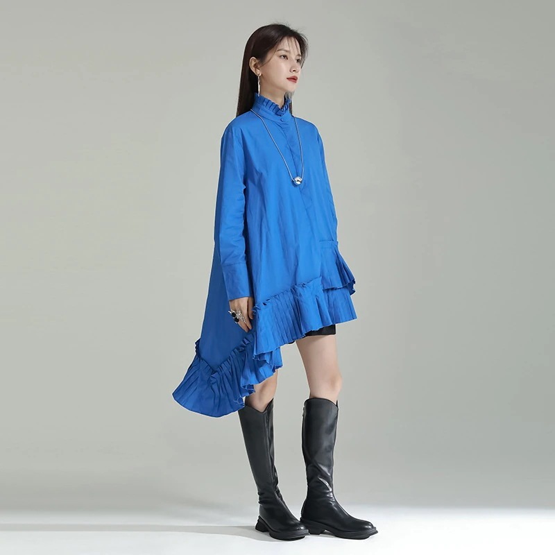 ワンピースドレスシャツワンピワンピースドレスシャツワンピノースリーブワンピースリネンワンピース 韓国ファッション 気質チュニック ワンピース 不规则 ゆったり ワンピース 長袖 レトロ 立ち襟