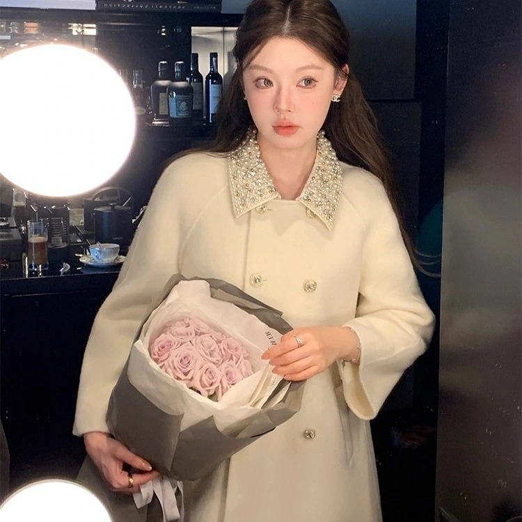 お嬢様風 ツーウェイ 両面ニット ウール 黒コート レディース 高級感 毛ニットジャケット