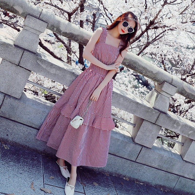 1661.チェック柄ノースリーブワンピース（レッド）2019 春夏 sale ビーチ 海 プール お呼ばれ サマードレス shopping 通学