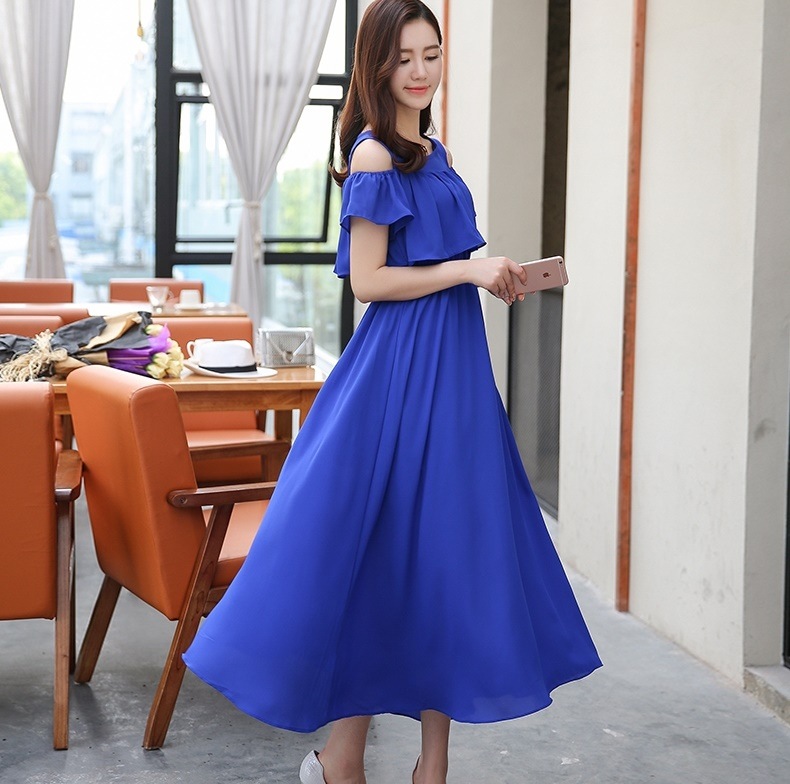 1603. シフォンロングワンピース（ブルー） 2019 春夏 sale お呼ばれ 通学 デート パーティー お出かけ レストラン 女子会 カフェ リゾート