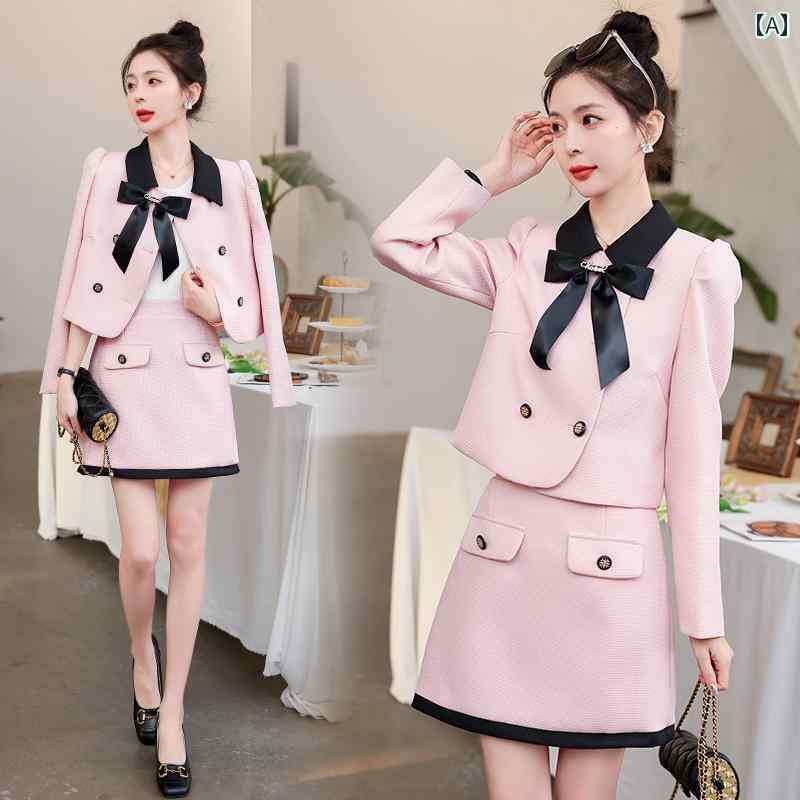 レディース ファッション カジュアル セットアップ エレガント リボン 装飾 ショート ジャケット スーツ 秋 インス エレガント モード ショート スカート 2点 セット