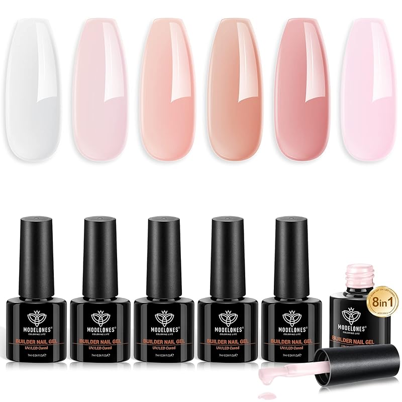 Modelones ジェルネイル カラー 6色*7ml 色セット ジェルセットUVLED対応 ポリッシュ ネイルジェル 8-in-1ネイルビルダーセットネイルチップ接着剤 カラージェルネイルチップ