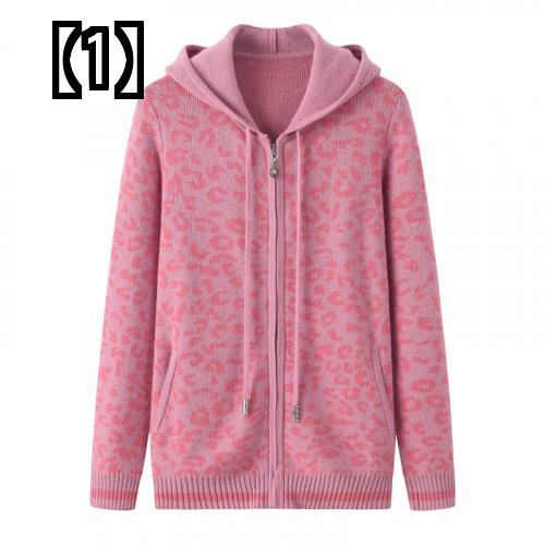 ヒョウ柄 ニット セーター レディース レオパード トップス フード付き 長袖 パーカー 暖かい ウール ジャケット ピンク オレンジ 黄色