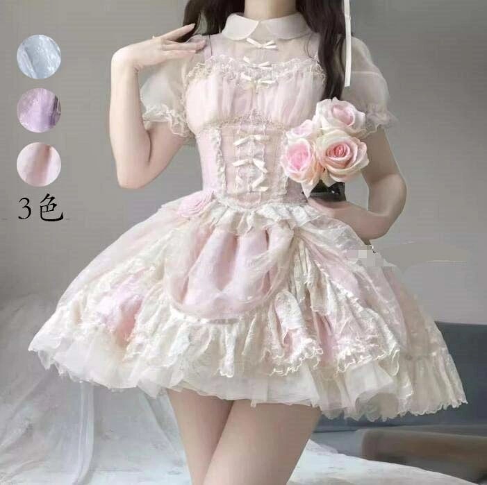 ウエディングドレス 演出服 コスチューム 衣装 ロリータ風 Lolita jskワンピース 日系女子中高生 コスプレ ノースリーブ レディース 可愛い イベント衣装 切り替え風 ワンピ 学園祭 文化祭