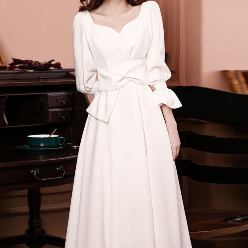 ウェディングドレス白　ホワイト　シンプル　エレガント　 パーティードレス 結婚式二次会 半袖 長袖ドレス ワンピース 前撮り Aライン マーメイド 花嫁ロングドレスお呼ばれ 20代30代40代 サイズ 6,552円