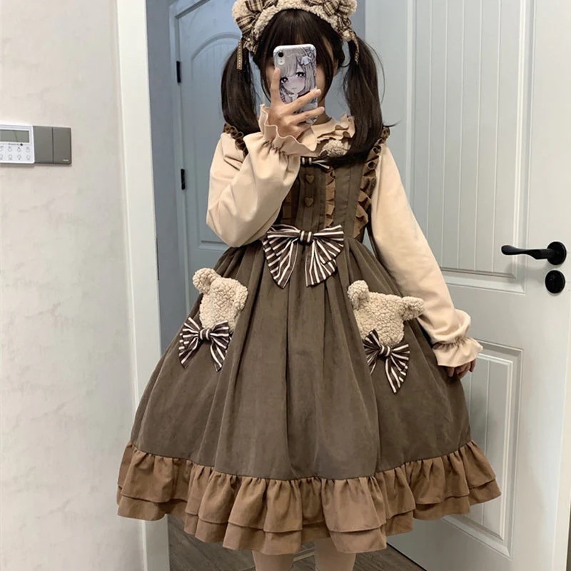 JSKワンピース 長袖 クマちゃん かわいい ロリー キャミソールスカート ロリータ シャツ着
