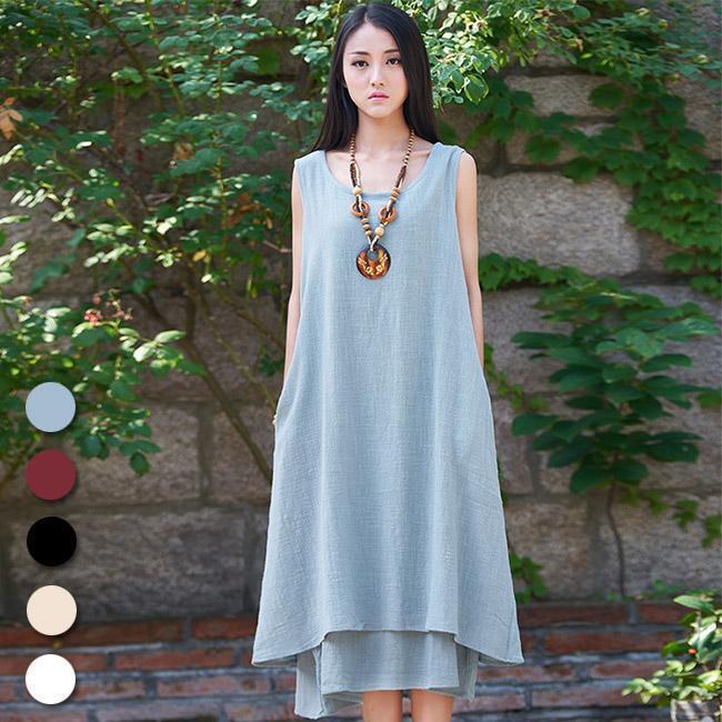 春 夏 ワンピース ノースリーブ レディース リネンワンピース サマーワンピース タンクワンピ 体型カバー ロングワンピ 薄手 快適 ミモレワンピース